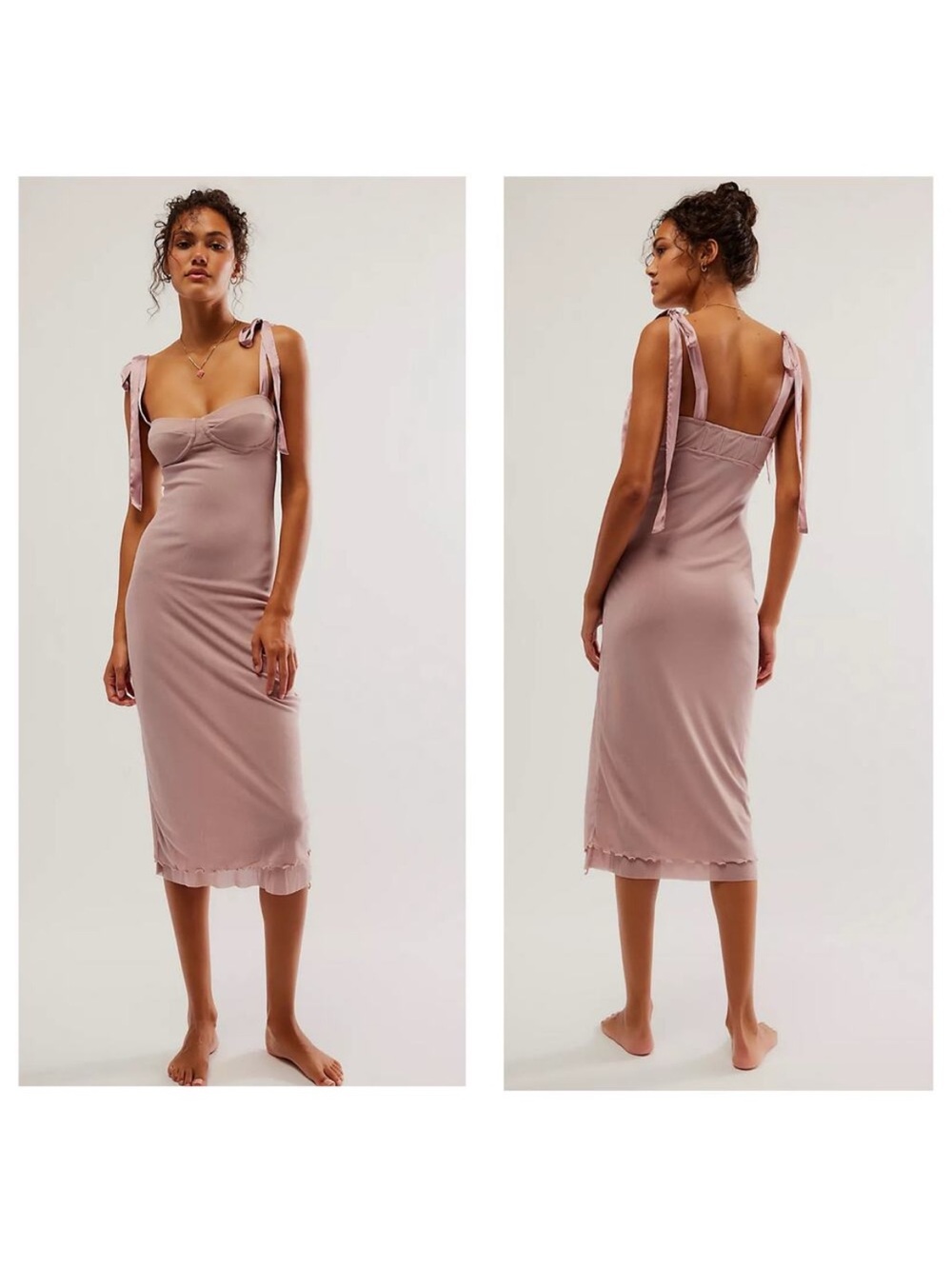 NWT Free People Got Glam Mesh Slip Midi Dress Pink Satin Tie Straps Feminine - Picture 2 of 4